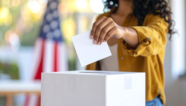 Woman casting vote in election, democracy, voting process.