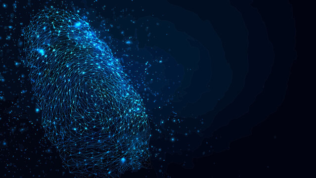 Fingerprint formed by a dense cluster of glowing blue nodes and thin connective lines represents digital security.