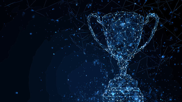 Trophy cup constructed from a luminous blue digital mesh sparkles against a deep dark background.