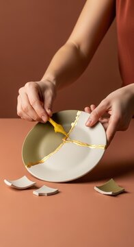 Person holding broken ceramic plate pieces.