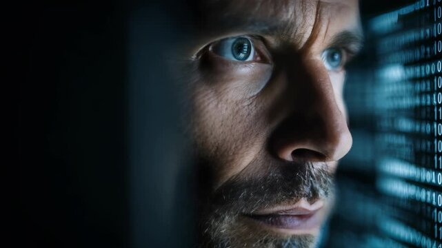 Close up of a focused man looking through digital data streams with blue light reflecting in his eyes. Concept of cybersecurity, information technology, and digital surveillance in a modern world