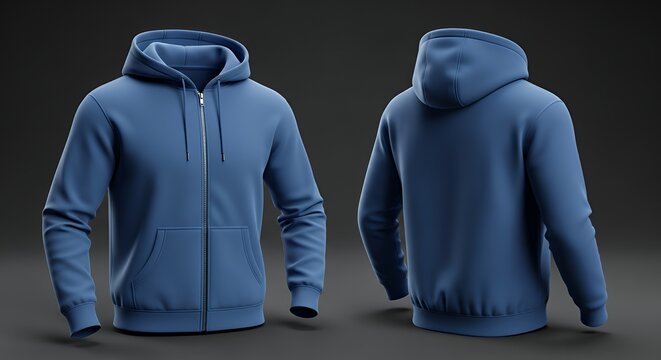 A blue color zip-up zipped hoodie mockup from the front and back on a dark background the hoodie features a front pocket and a drawstring hood showcasing a modern and casual design hoodie mockup cloth