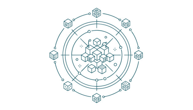 Intricate digital illustration of a data network and blockchain technology.