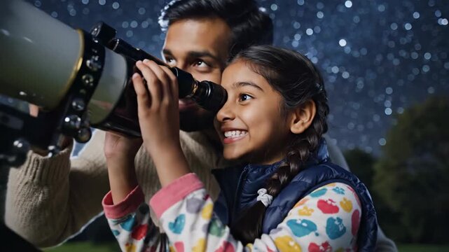 Father and daughter stargazing with a telescope under a starry night sky
