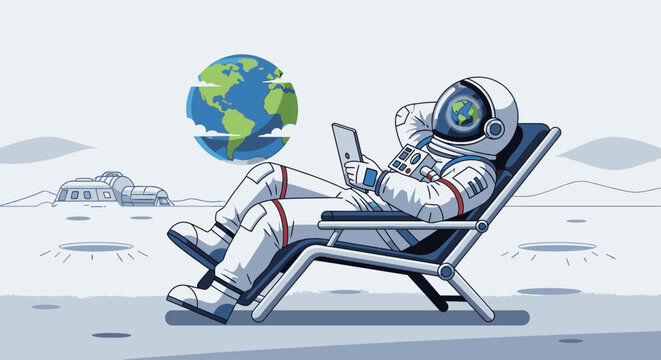 Astronaut relaxing on a beach chair with a laptop on the moon's surface with a globe floating nearby in a cartoonish scene with a serene mood.