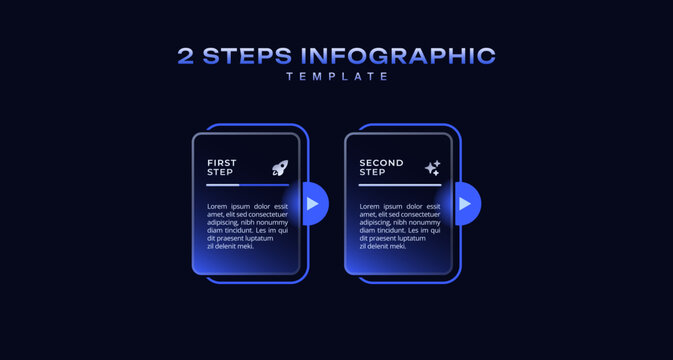 Dark progress bar infographic 2 step business process with rectangular elements and pointers in horizontal layout, simple flat vector template for presentation, workflow, and timeline design