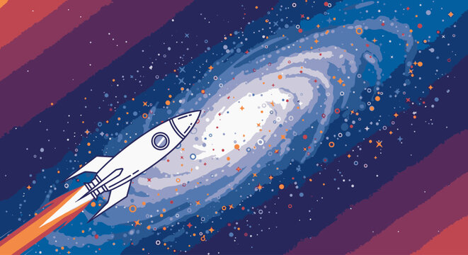 Illustration of a white rocket ship blasting off into a vibrant galaxy with swirling clouds and stars, depicted in a colorful, cartoonish style.