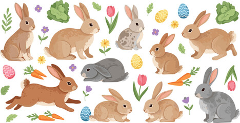 Obraz premium Easter Bunny Set with Cute Rabbits, Carrots, Eggs, and Spring Flowers in Pastel Colors for Holiday Illustration and Seasonal Design Collection