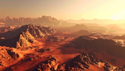 Naklejka premium A sweeping vista showcases a rugged, desert-like landscape bathed in the warm glow of a setting sun.