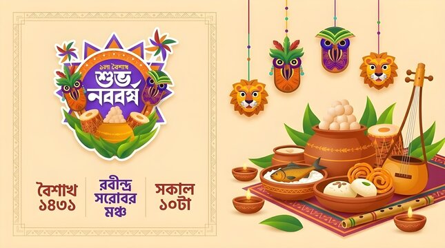 Bengali New Year Celebration Background with Traditional Food, Folk Masks, Musical Instruments, and Pohela Boishakh Typography on Cream Background