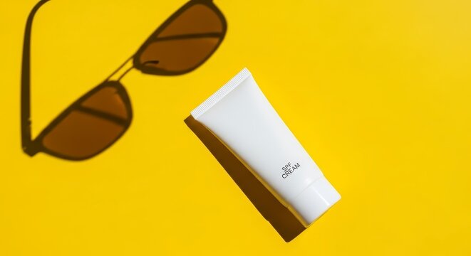 Sunglasses and sunscreen on yellow background.