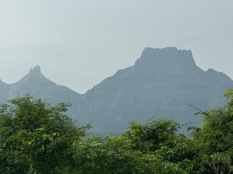 Chanderi fort seen along with Mhaismal peak in Matheran mountain range, Maharashtra.
