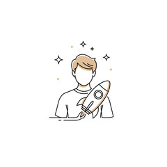 Obraz premium Young man holding a rocket illustration with stars and sparkles 