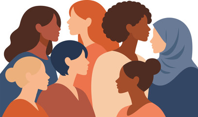 Fototapeta premium Diverse group of women profiles showing multicultural diversity and inclusion flat vector illustration.