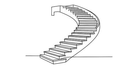 Obraz premium A simple black and white line drawing of a curved staircase leading up to an elevated platform. Vector, illustration