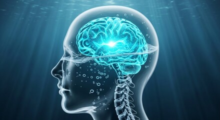 Obraz premium Abstract digital illustration of a human head profile with an X-ray view of the brain glowing undersea, representing deep thought and neural activity.
