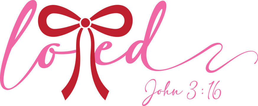Watercolor 'loved' calligraphy with a red ribbon bow