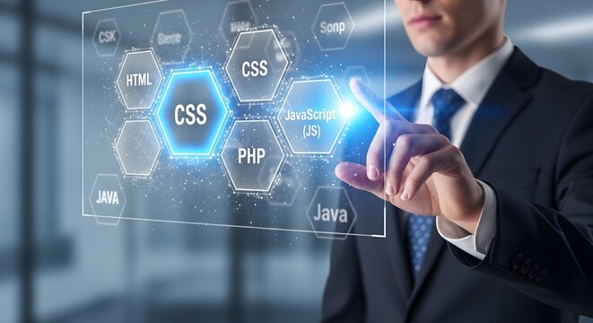 Businessman interacting with CSS, HTML, and Java programming