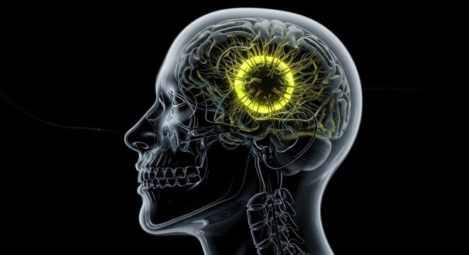 Anatomical profile of human skull featuring translucent cranial structure and glowing yellow ring highlighting active brain region, neurological concept visualization