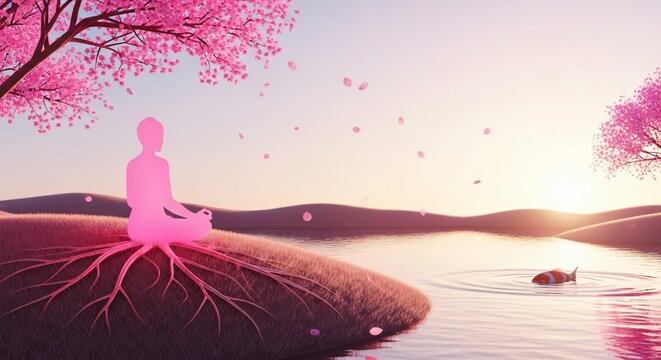 Silhouette of meditator rooted on grassy shore, pink cherry blossoms falling over tranquil lake at sunrise