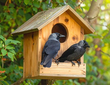 Two Jackdaws Perched on Wooden Birdhouse in Nature.