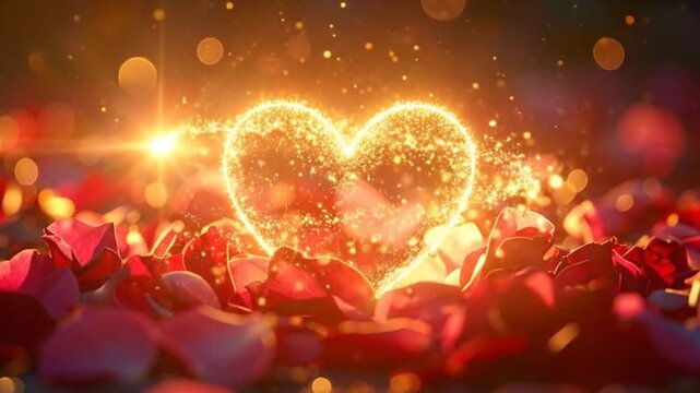 Glowing heart shape with sparkling particles on a bed of rose petals, a romantic background.