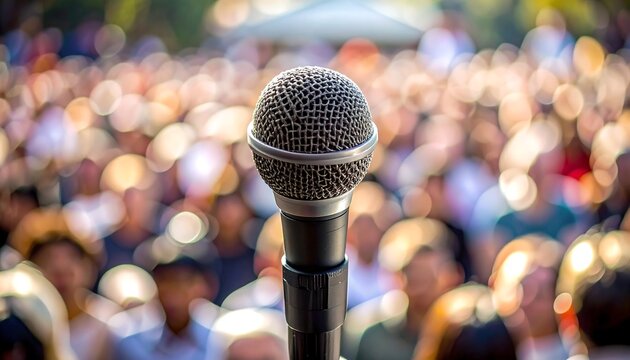 Microphone stands out against a blurry, dense crowd under a distant tent-like structure, lit by soft, diffused light