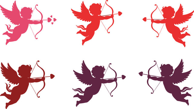 Set of 6 Cupid Silhouette Illustrations with Bow and Arrow in Different Colors for Valentine&rsquo;s Day, Love, and Romantic Designs