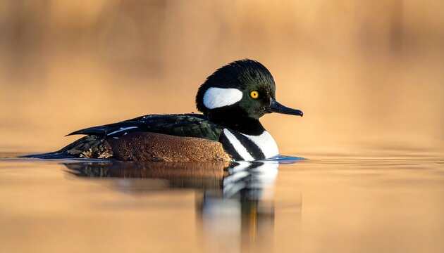 Male hooded merganser swimming on calm water, brown & black, black head w/white markings
