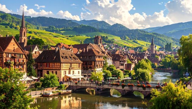 Idyllic cityscape of Kaysersberg, France, showcasing timber-framed architecture and river views