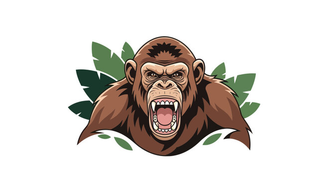 Angry Monkey Roaring with Open Mouth and Sharp Teeth, Jungle Leaves Background