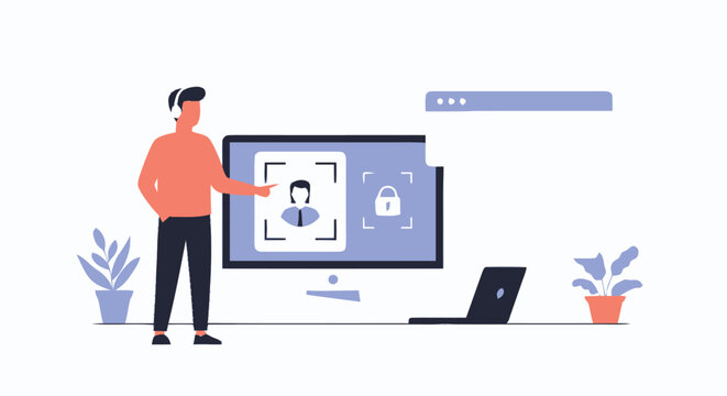 Man presenting face recognition technology on a computer screen.
