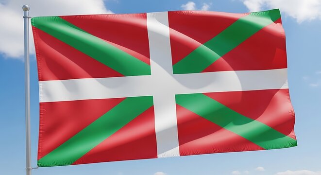 Basque flag waving in the wind against a blue sky background