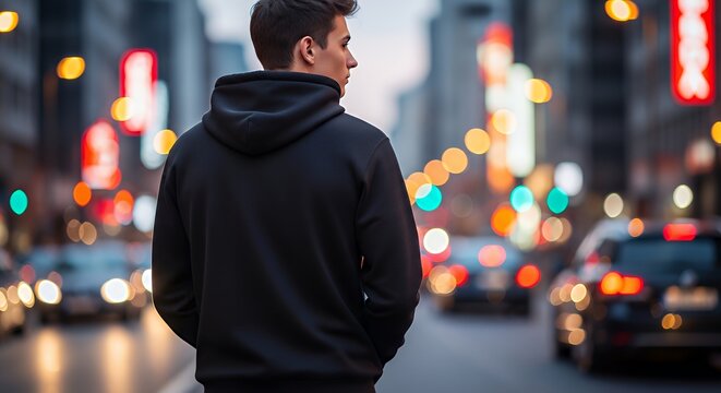 A young man dressed in a blank black hoodie against the background of the city street back view mockup for your texts or designs hoodie mockup clothing design fashion casual hoodie isolated blank appa