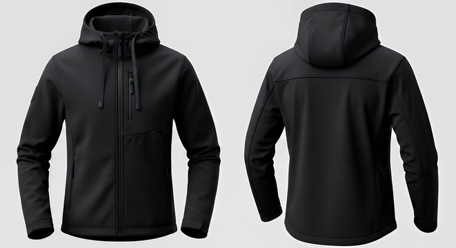 Black hooded softshell jacket mockup front and back view high-quality apparel design template for branding and promotion hoodie mockup clothing design fashion casual hoodie isolated blank apparel cott