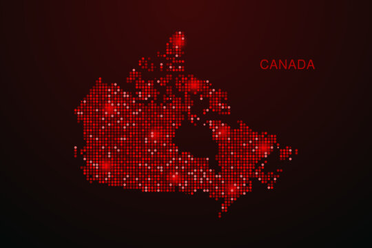 Canada Map - Digital dotted map with glowing red points on dark background, modern technology style, abstract data network design, clean minimal vector illustration.