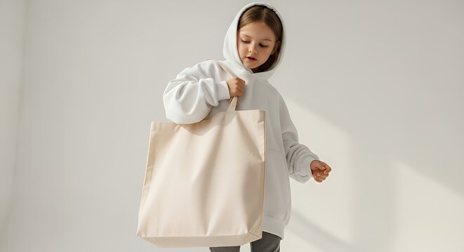 Little girl with oversized reusable bag hoodie mockup clothing design fashion casual hoodie isolated blank apparel cotton template