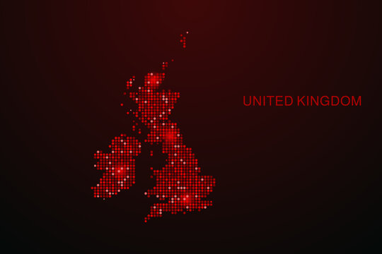 United Kingdom Map - Digital dotted map with glowing red points on dark background, modern technology style, abstract data network design, clean minimal vector illustration.