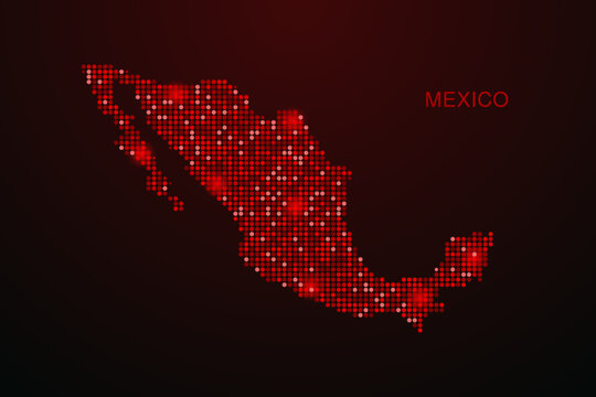 Mexico Map - Digital dotted map with glowing red points on dark background, modern technology style, abstract data network design, clean minimal vector illustration.