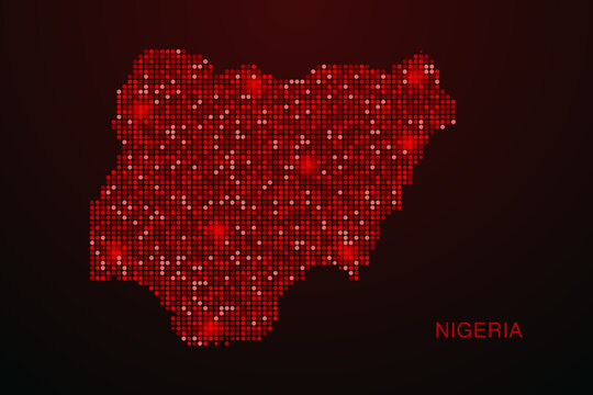Nigeria Map - Digital dotted map with glowing red points on dark background, modern technology style, abstract data network design, clean minimal vector illustration.
