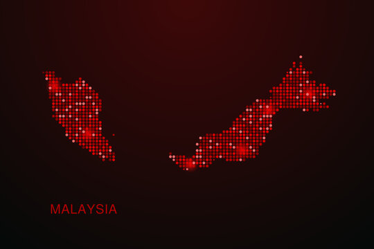 Malaysia Map - Digital dotted map with glowing red points on dark background, modern technology style, abstract data network design, clean minimal vector illustration.