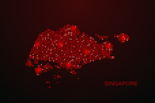 Singapore Map - Digital dotted map with glowing red points on dark background, modern technology style, abstract data network design, clean minimal vector illustration.