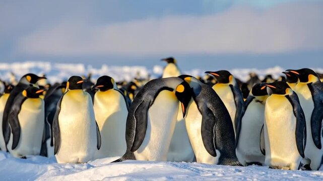 A large group of emperor penguins standing together on a snowy background under a bright sky.