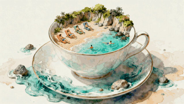 Mini Sea World Beach in a Teacup isolated watercolor vector illustration svg