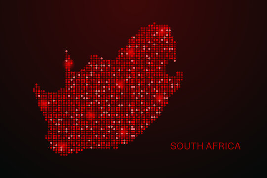 South Africa Map - Digital dotted map with glowing red points on dark background, modern technology style, abstract data network design, clean minimal vector illustration.