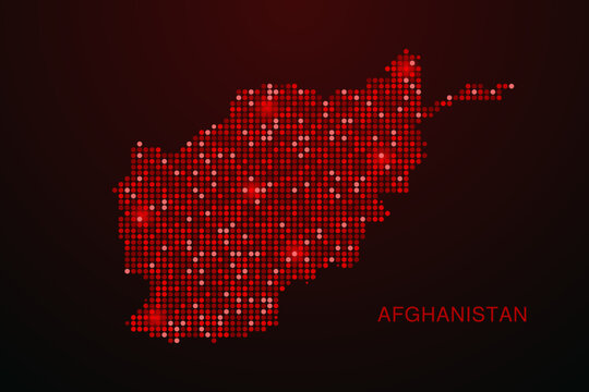 Afghanistan Map - Digital dotted map with glowing red points on dark background, modern technology style, abstract data network design, clean minimal vector illustration.