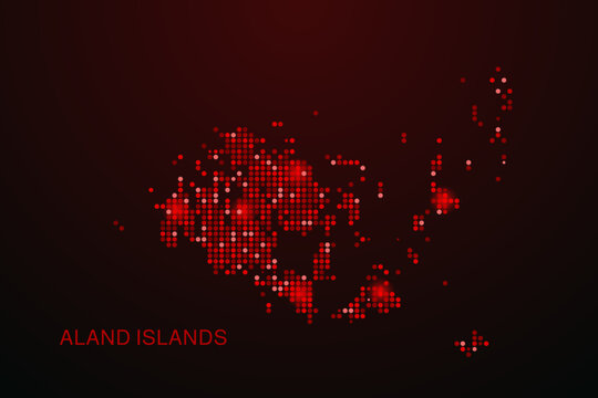 Aland Islands Map - Digital dotted map with glowing red points on dark background, modern technology style, abstract data network design, clean minimal vector illustration.