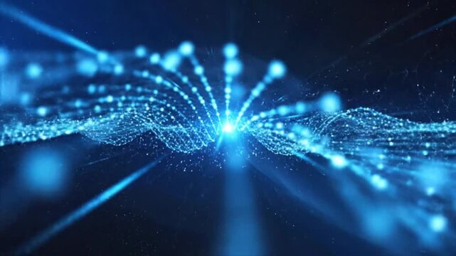Abstract digital network connection with glowing light and dots on dark blue background.