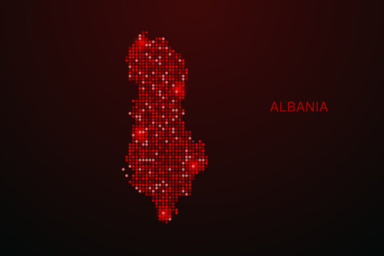 Albania Map - Digital dotted map with glowing red points on dark background, modern technology style, abstract data network design, clean minimal vector illustration.