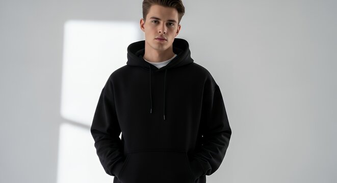 Mockup black blank hoodie on a young guy for design presentation hoodie mockup clothing design fashion casual hoodie isolated blank apparel cotton template